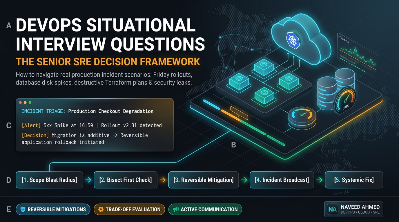 DevOps situational interview questions decision framework comparing weak answers with staff SRE production triage